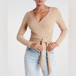 Express Tan Ribbed Wrap Top
